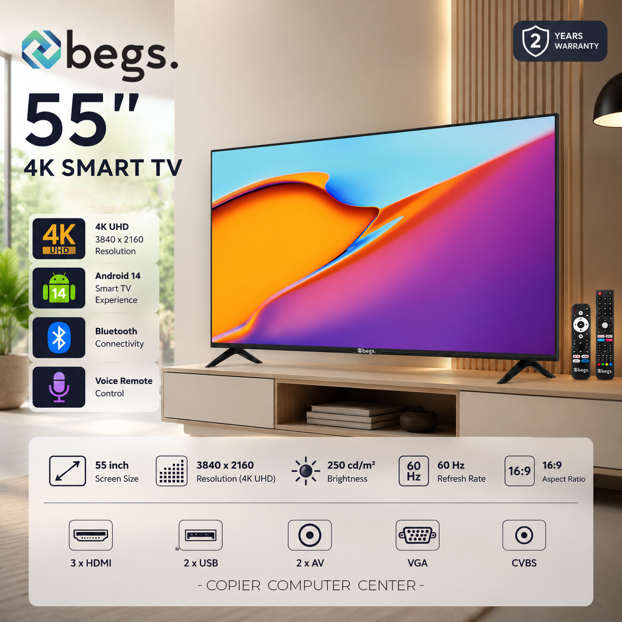 Begs 55" 4K UHD Android 14 Bluetooth Smart TV - Image 3